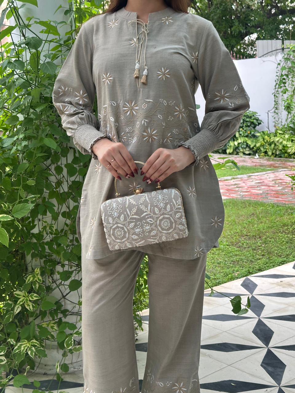 Cloudy Grey Malkha Cotton Chikankari Co-ord Set