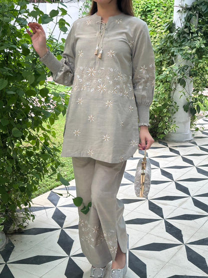 Cloudy Grey Malkha Cotton Chikankari Co-ord Set