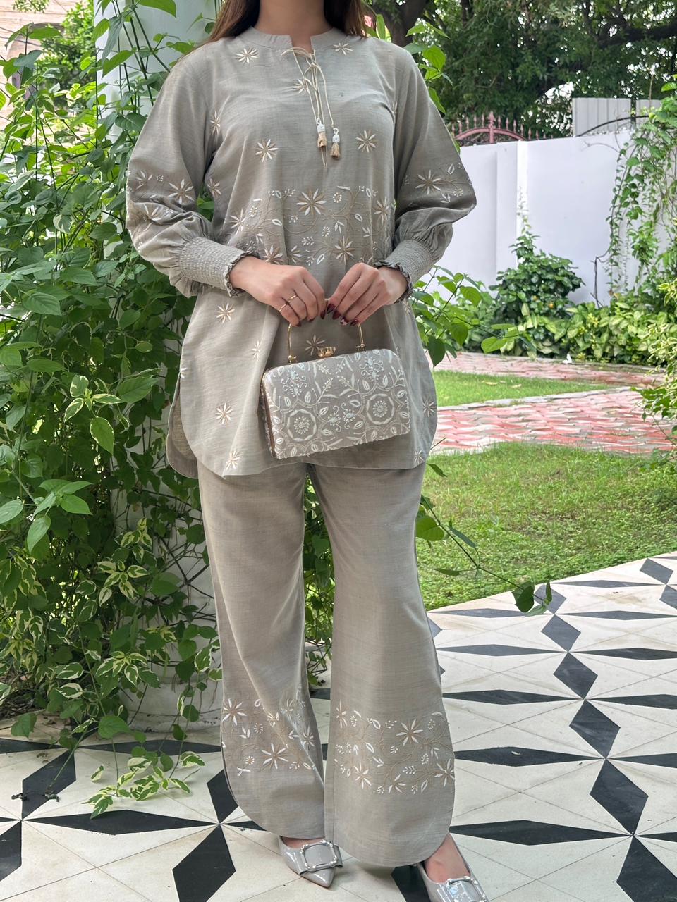 Cloudy Grey Malkha Cotton Chikankari Co-ord Set