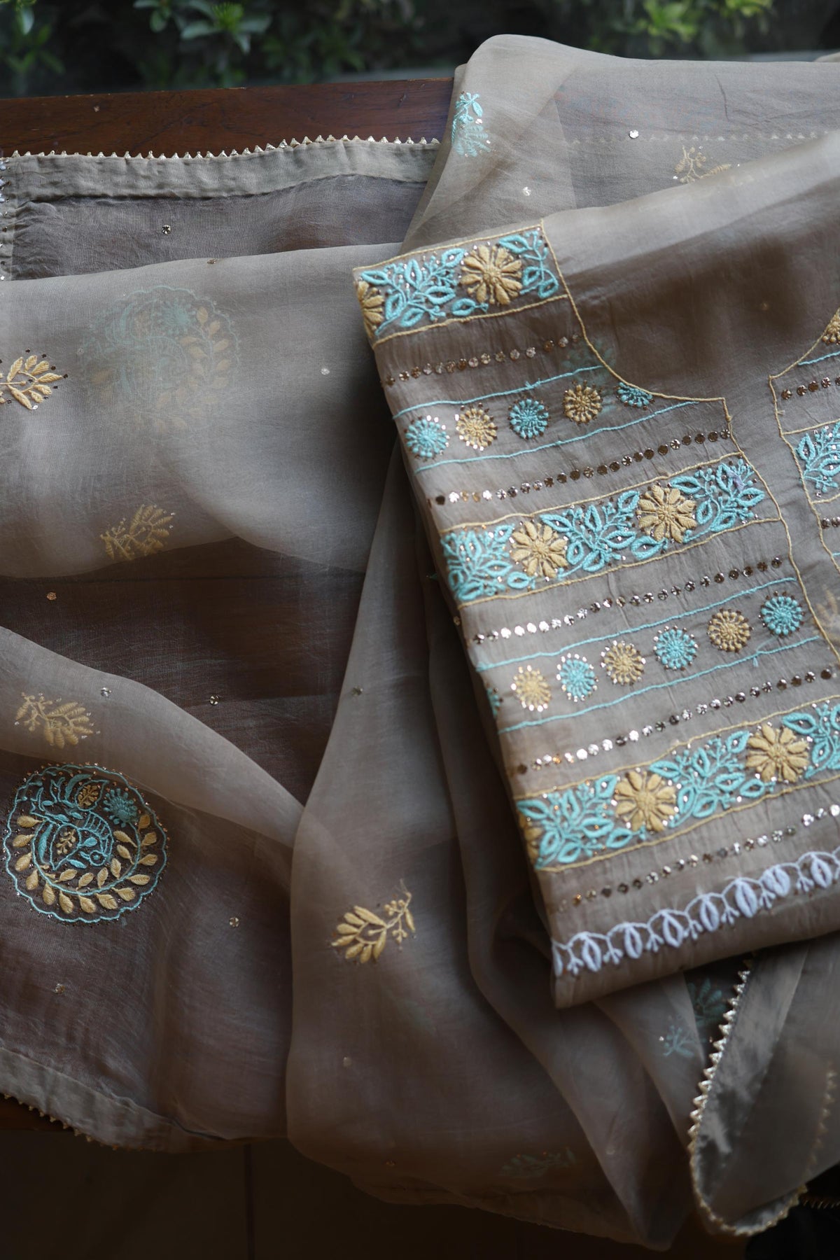 Cloudy Grey Noor Organza Silk Chikankari With Kamdani Unstitched Fabric