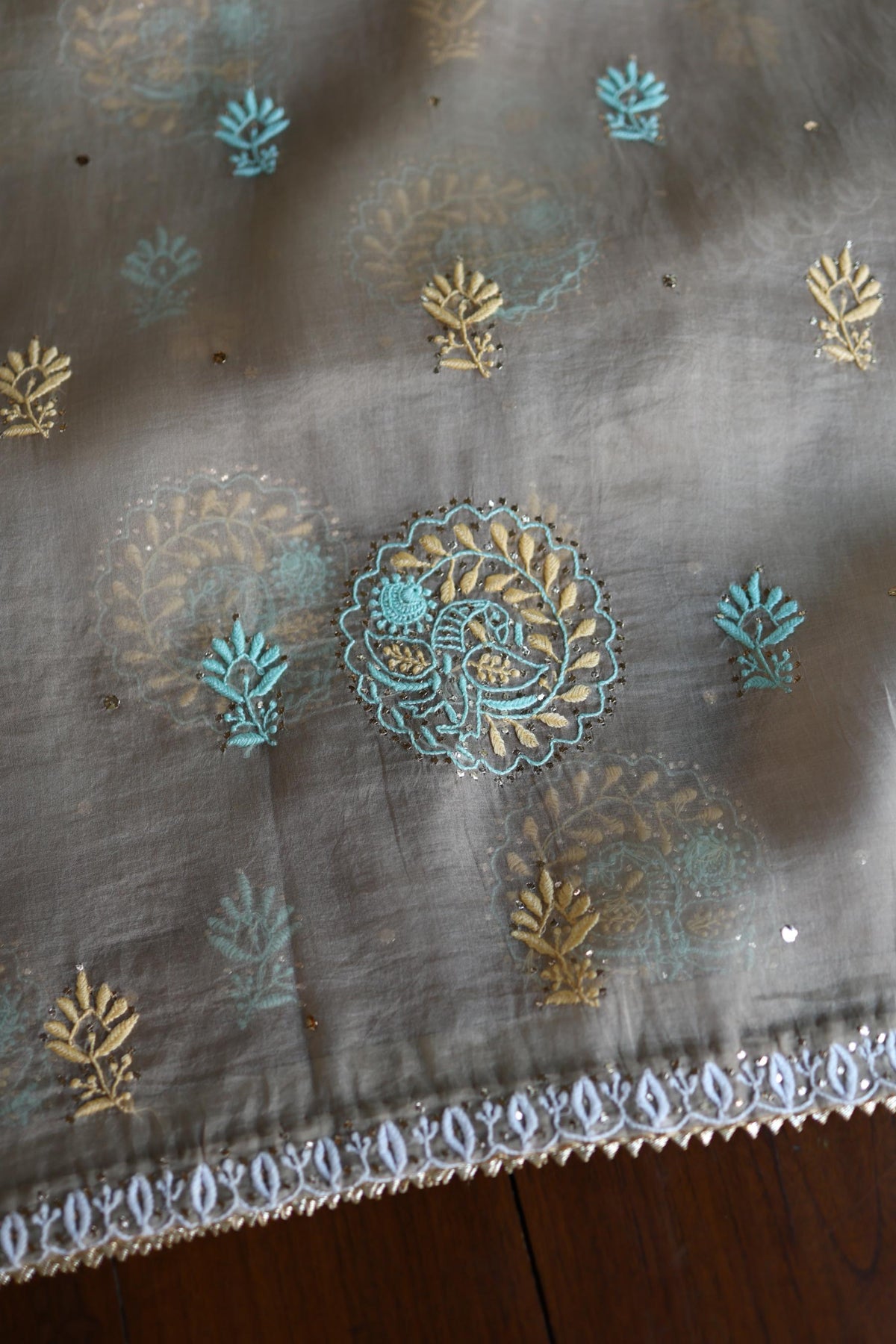 Cloudy Grey Noor Organza Silk Chikankari With Kamdani Unstitched Fabric