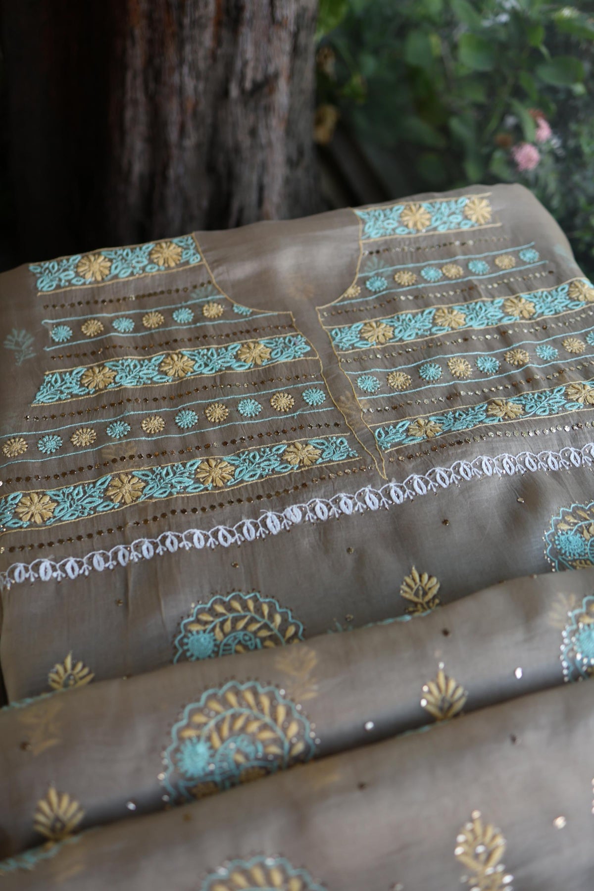 Cloudy Grey Noor Organza Silk Chikankari With Kamdani Unstitched Fabric