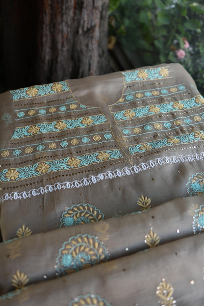 Cloudy Grey Noor Organza Silk Chikankari With Kamdani Unstitched Fabric