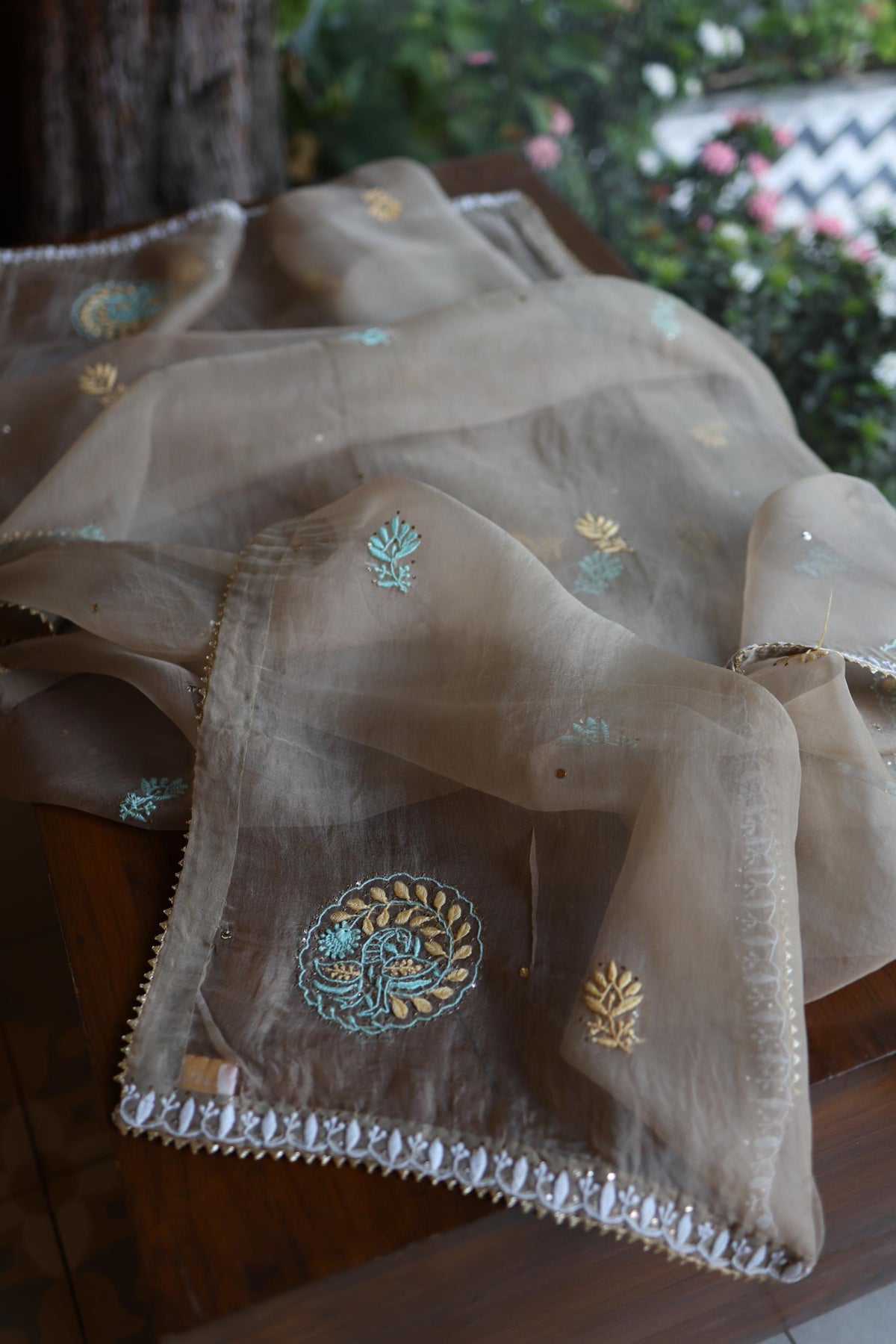 Cloudy Grey Noor Organza Silk Chikankari With Kamdani Unstitched Fabric