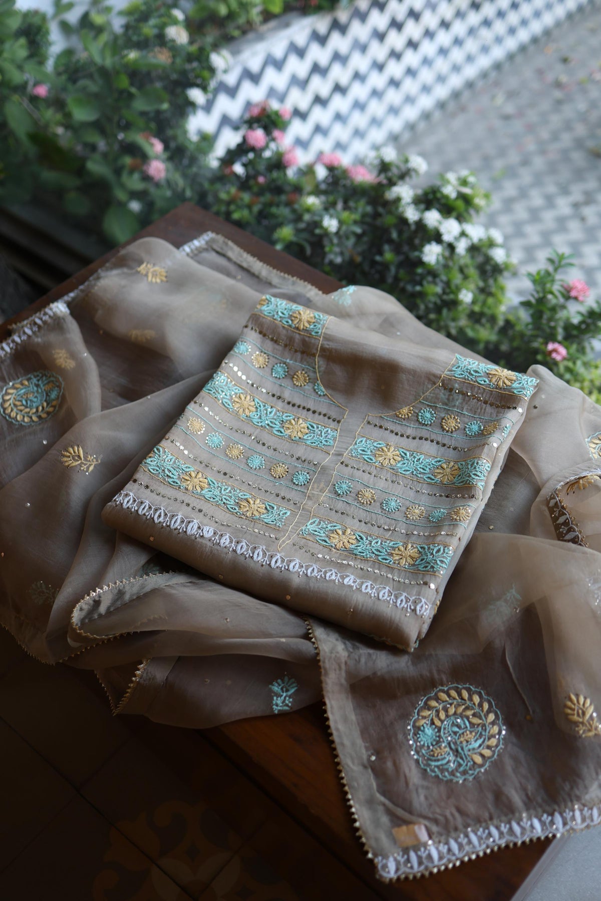 Cloudy Grey Noor Organza Silk Chikankari With Kamdani Unstitched Fabric