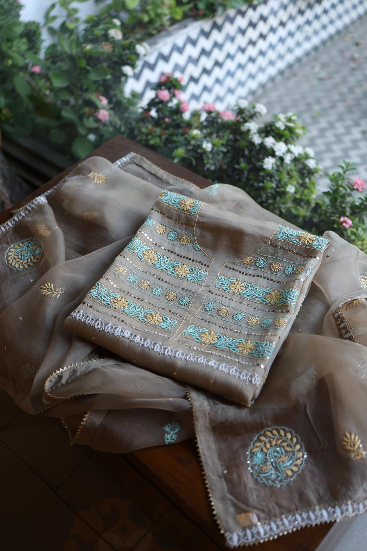 Cloudy Grey Noor Organza Silk Chikankari With Kamdani Unstitched Fabric