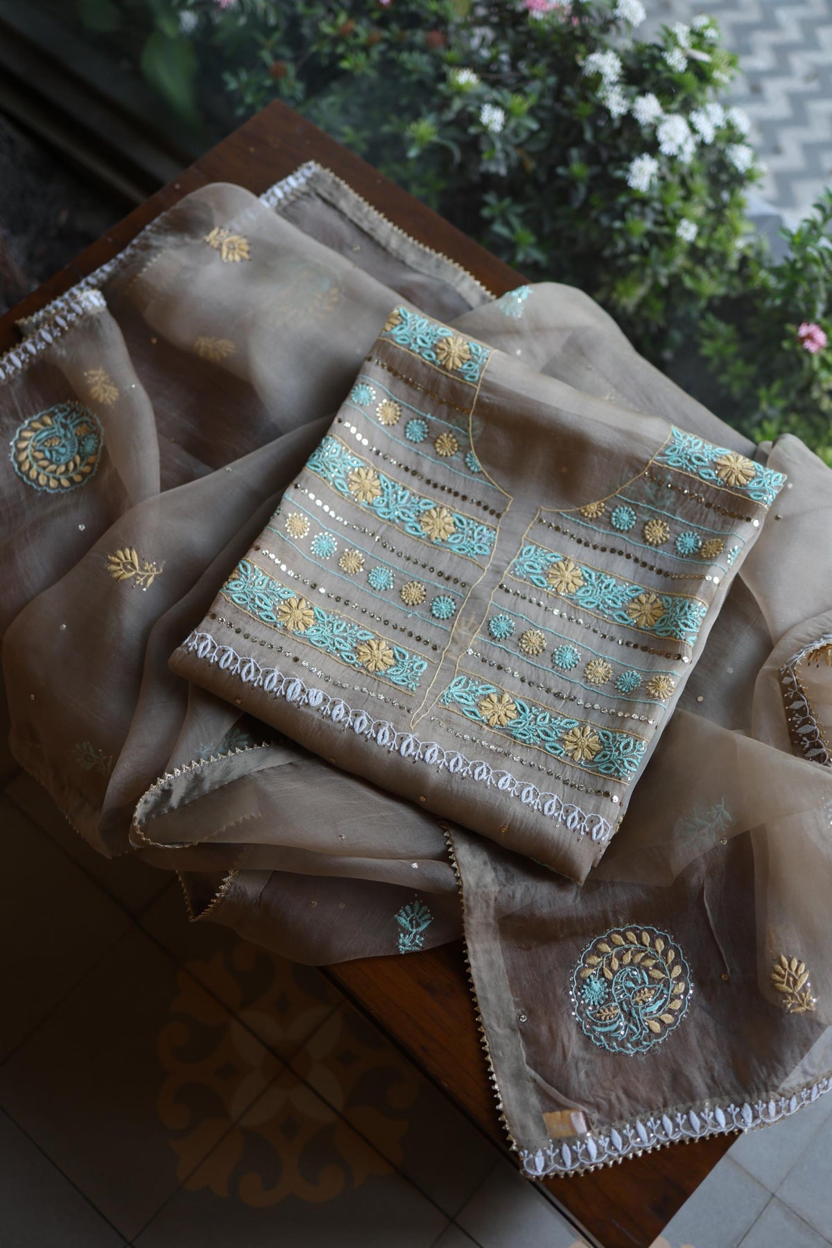 Cloudy Grey Noor Organza Silk Chikankari With Kamdani Unstitched Fabric
