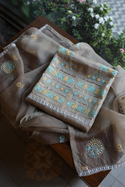 Cloudy Grey Noor Organza Silk Chikankari With Kamdani Unstitched Fabric