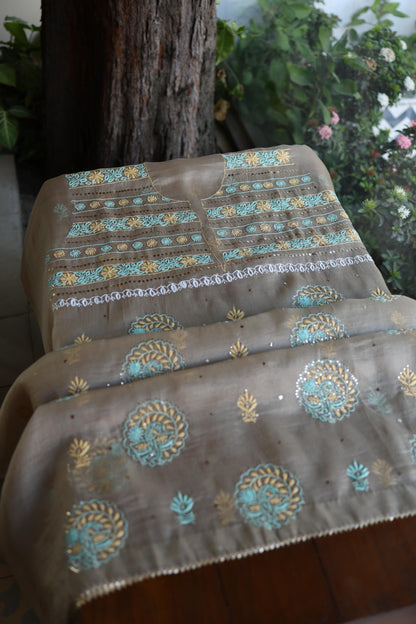 Cloudy Grey Noor Organza Silk Chikankari With Kamdani Unstitched Fabric