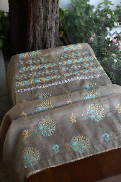 Cloudy Grey Noor Organza Silk Chikankari With Kamdani Unstitched Fabric