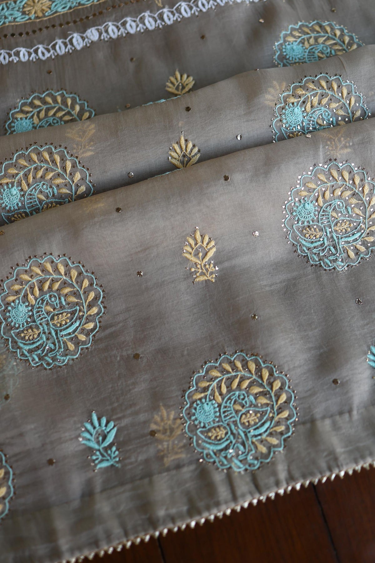Cloudy Grey Noor Organza Silk Chikankari With Kamdani Unstitched Fabric