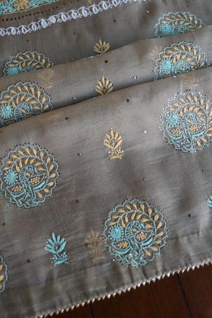 Cloudy Grey Noor Organza Silk Chikankari With Kamdani Unstitched Fabric