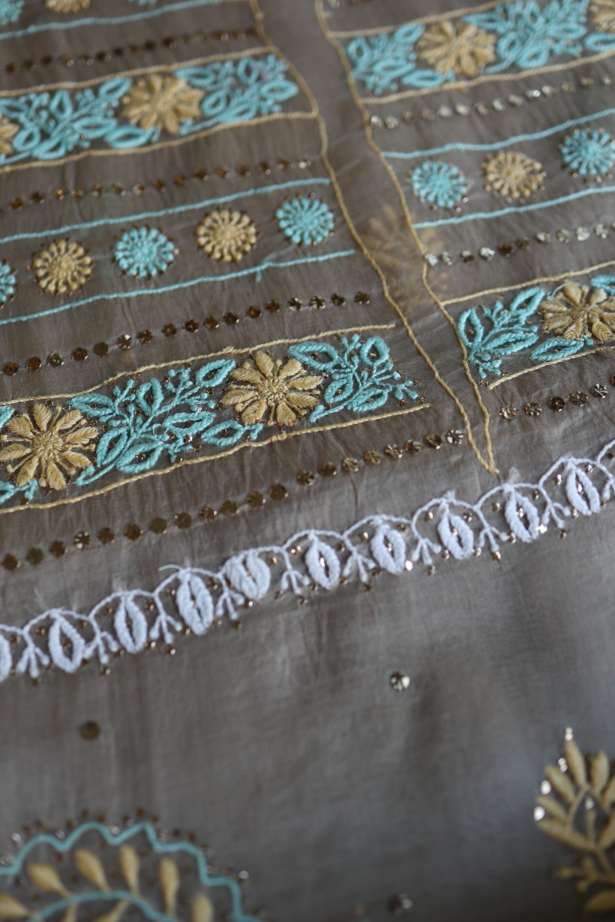 Cloudy Grey Noor Organza Silk Chikankari With Kamdani Unstitched Fabric
