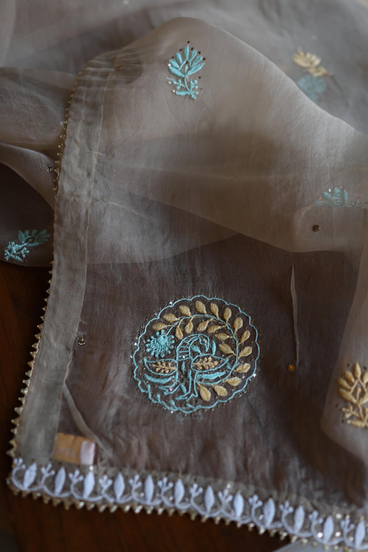 Cloudy Grey Noor Organza Silk Chikankari With Kamdani Unstitched Fabric
