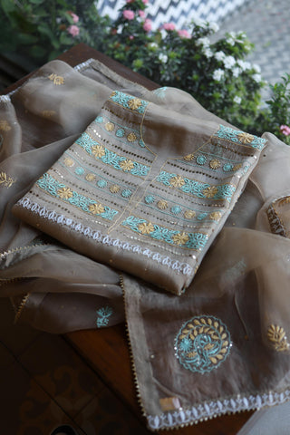 Cloudy Grey Noor Organza Silk Chikankari With Kamdani Unstitched Fabric