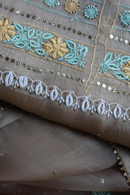 Cloudy Grey Noor Organza Silk Chikankari With Kamdani Unstitched Fabric