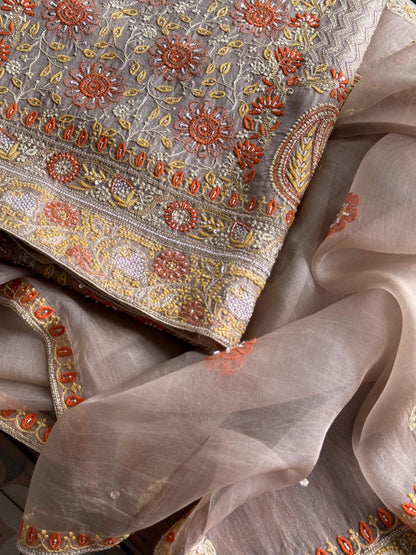 Cloudy Grey Organza Banarasi Silk Chikankari Unstitched Kurta Dupatta Set