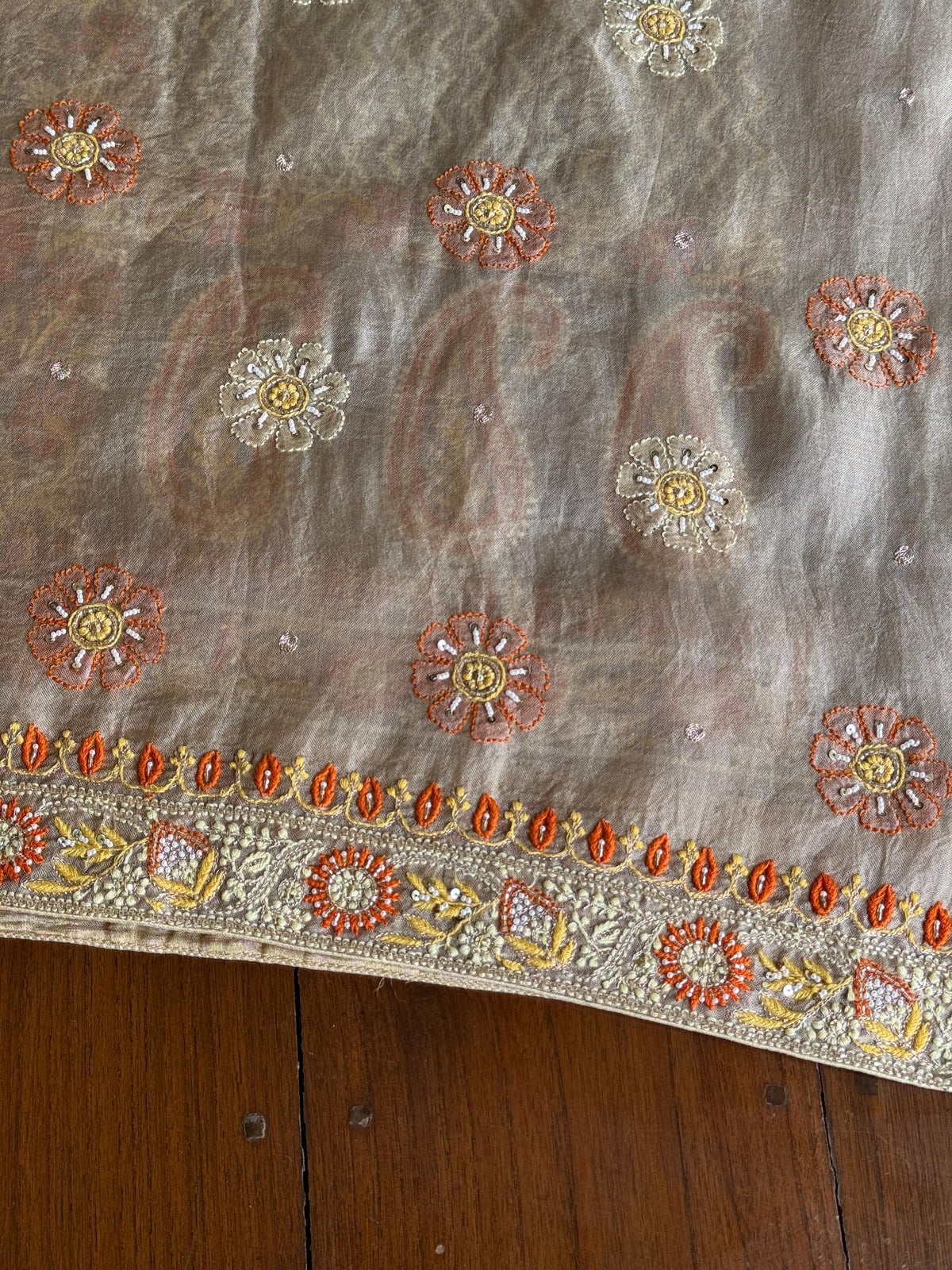 Cloudy Grey Organza Banarasi Silk Chikankari Unstitched Kurta Dupatta Set