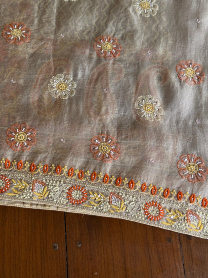 Cloudy Grey Organza Banarasi Silk Chikankari Unstitched Kurta Dupatta Set
