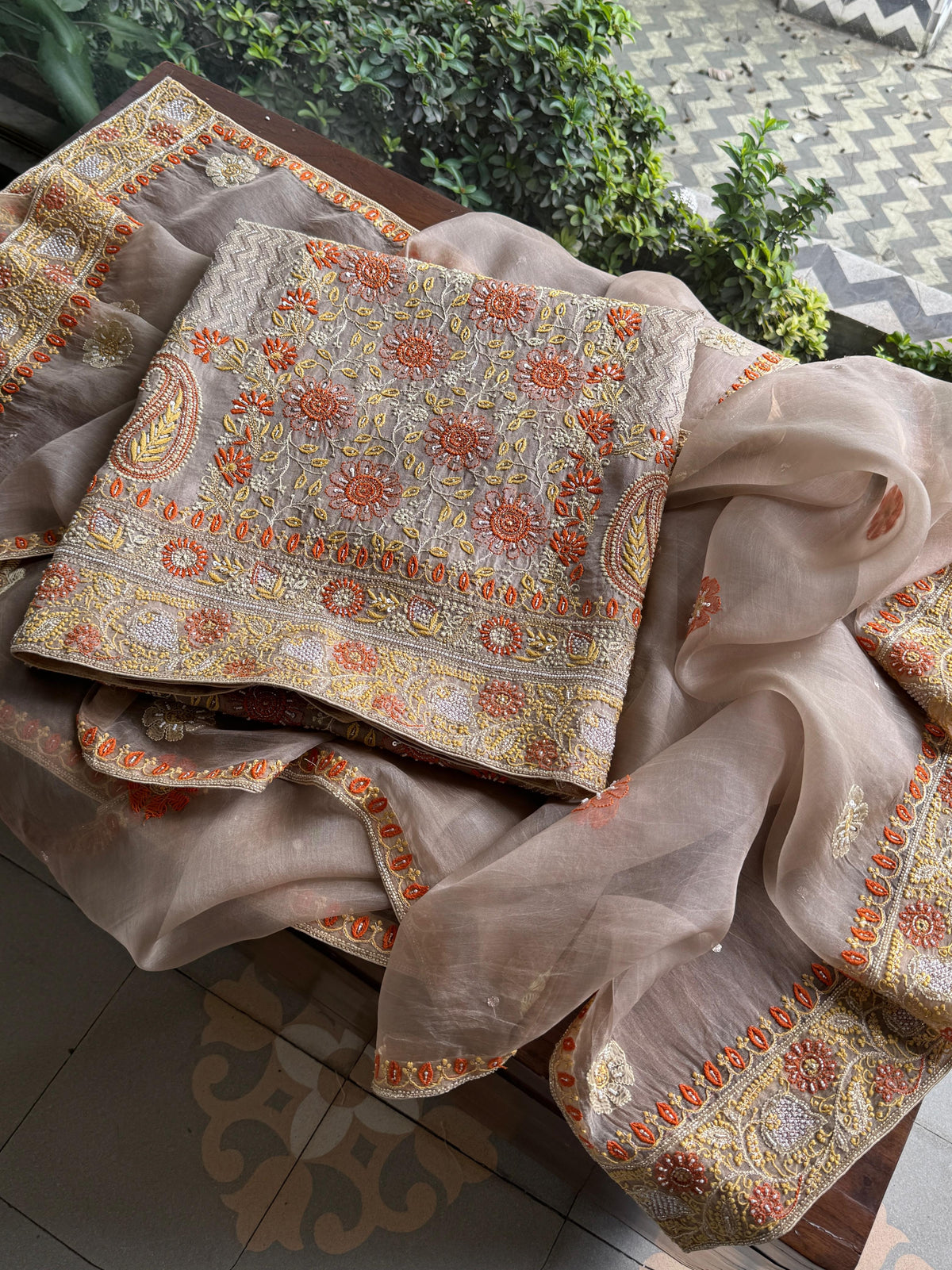 Cloudy Grey Organza Banarasi Silk Chikankari Unstitched Kurta Dupatta Set
