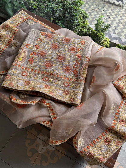 Cloudy Grey Organza Banarasi Silk Chikankari Unstitched Kurta Dupatta Set