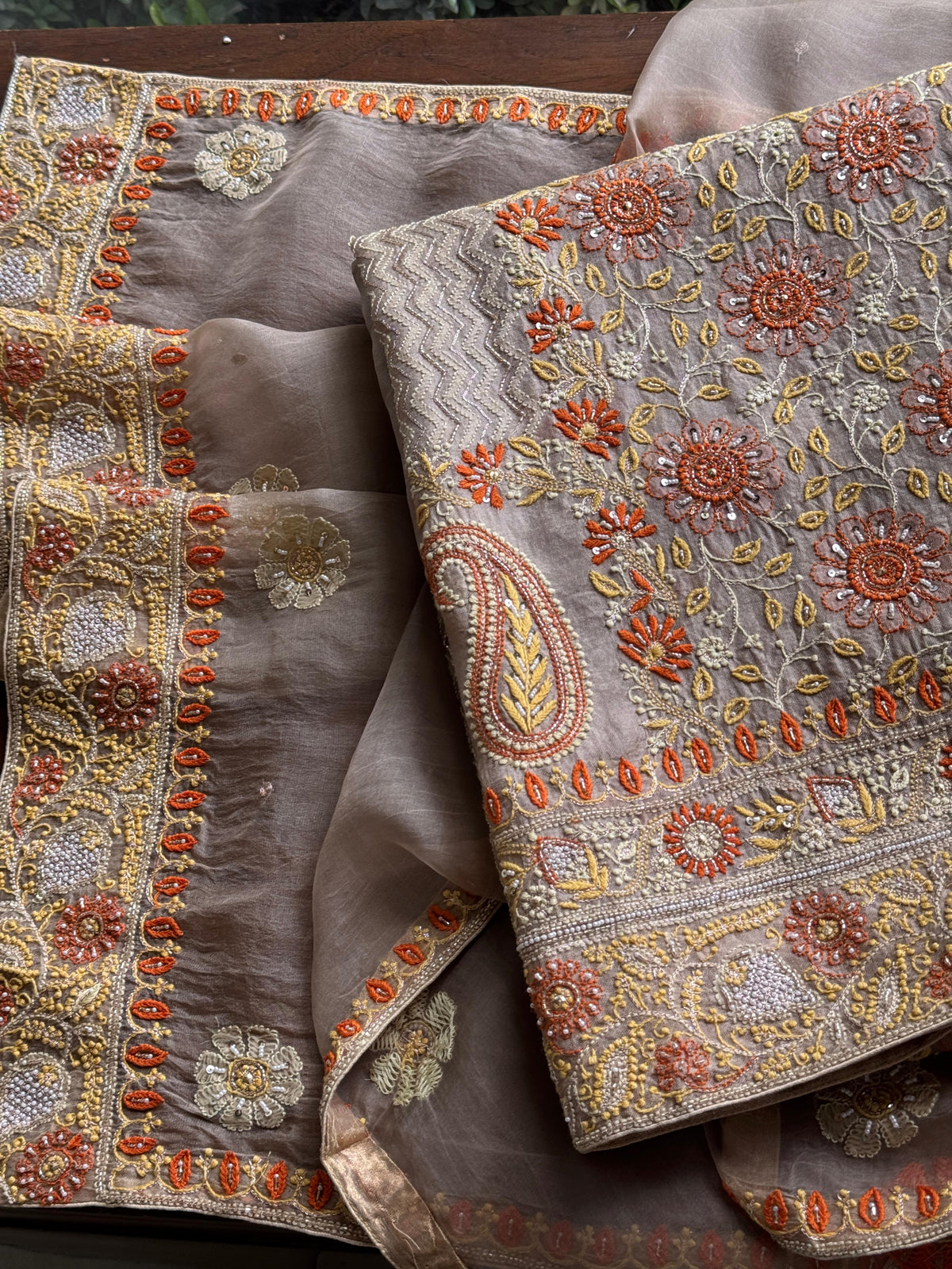 Cloudy Grey Organza Banarasi Silk Chikankari Unstitched Kurta Dupatta Set