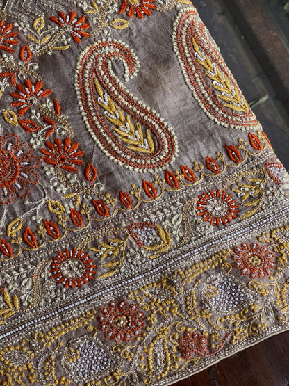 Cloudy Grey Organza Banarasi Silk Chikankari Unstitched Kurta Dupatta Set