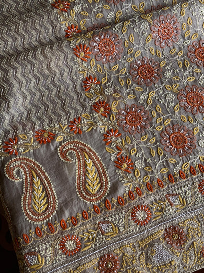 Cloudy Grey Organza Banarasi Silk Chikankari Unstitched Kurta Dupatta Set