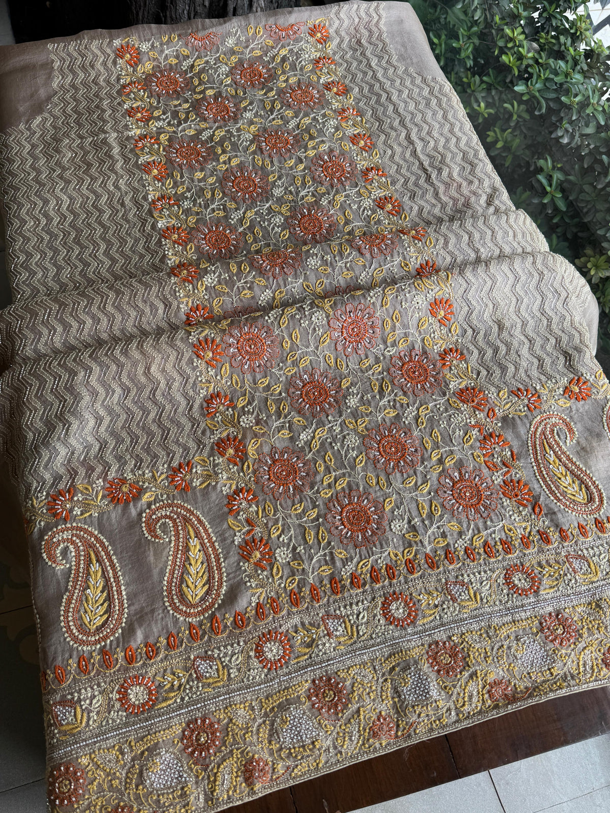 Cloudy Grey Organza Banarasi Silk Chikankari Unstitched Kurta Dupatta Set