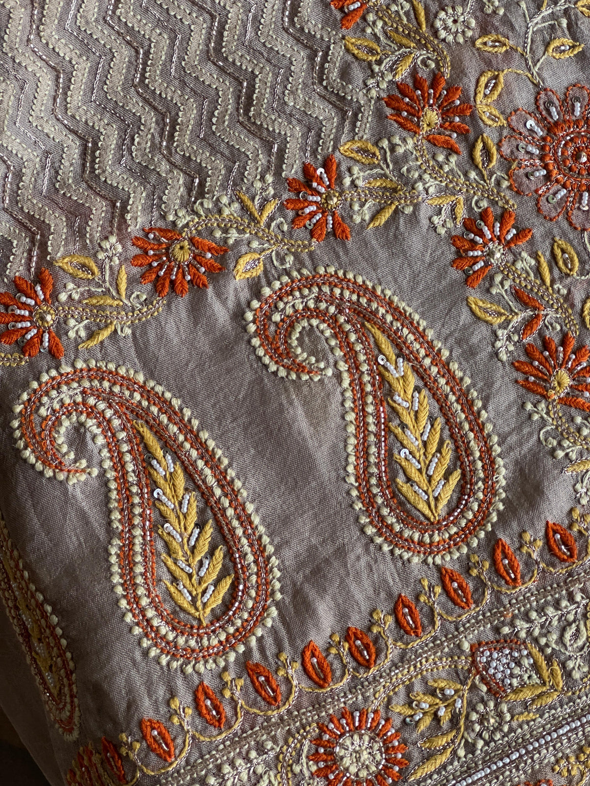 Cloudy Grey Organza Banarasi Silk Chikankari Unstitched Kurta Dupatta Set