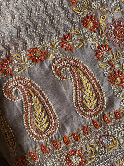 Cloudy Grey Organza Banarasi Silk Chikankari Unstitched Kurta Dupatta Set