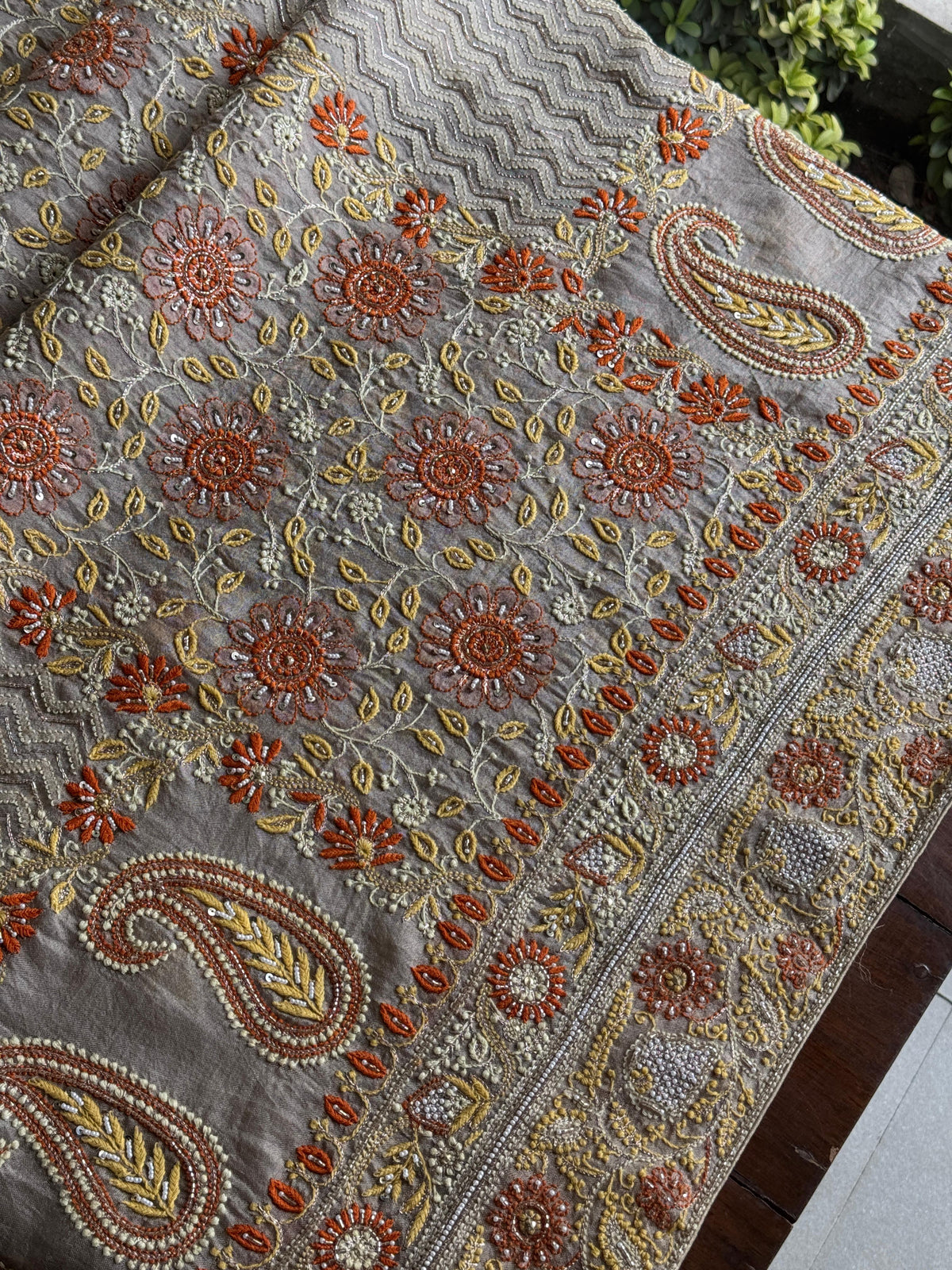 Cloudy Grey Organza Banarasi Silk Chikankari Unstitched Kurta Dupatta Set