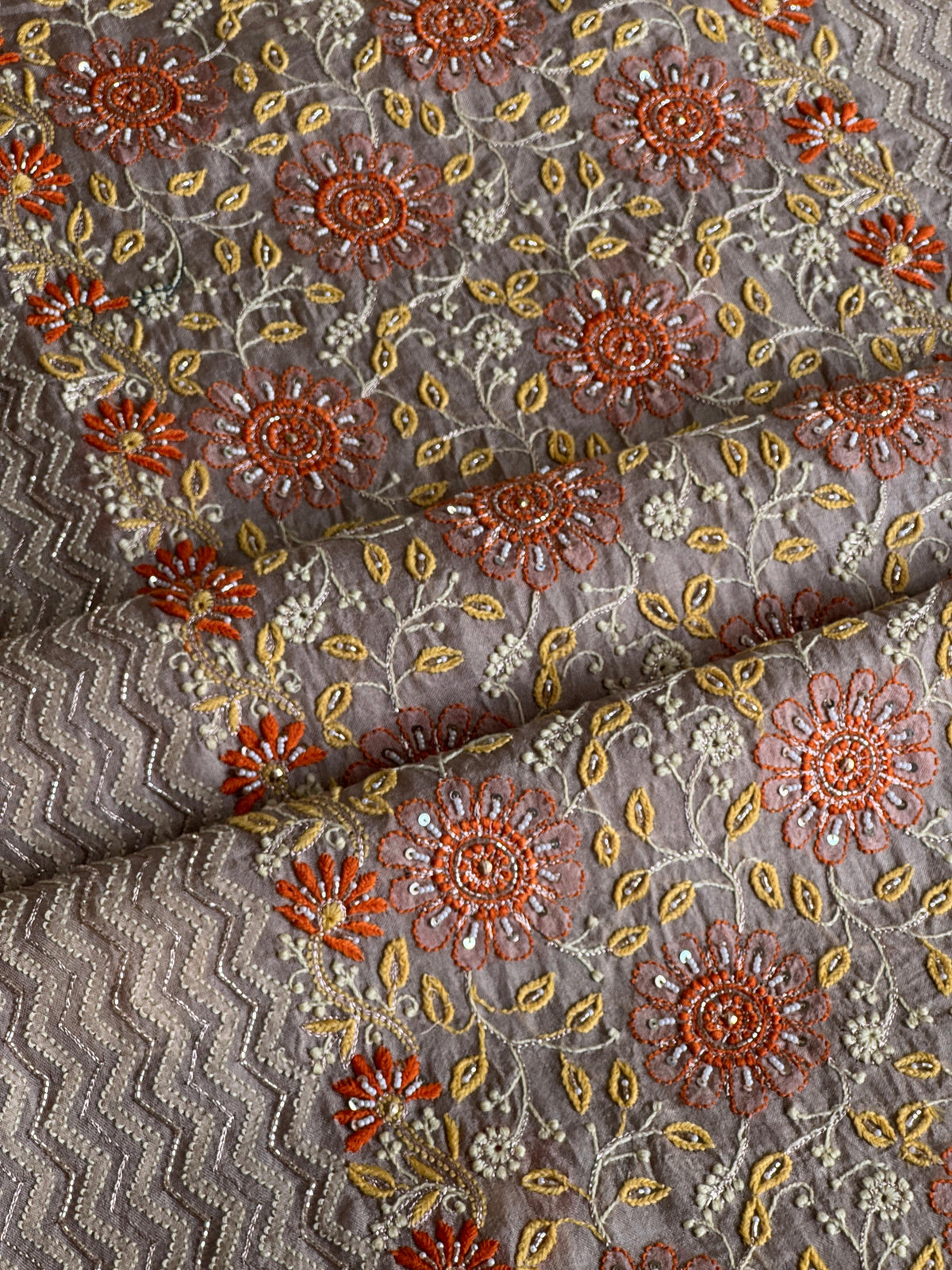 Cloudy Grey Organza Banarasi Silk Chikankari Unstitched Kurta Dupatta Set