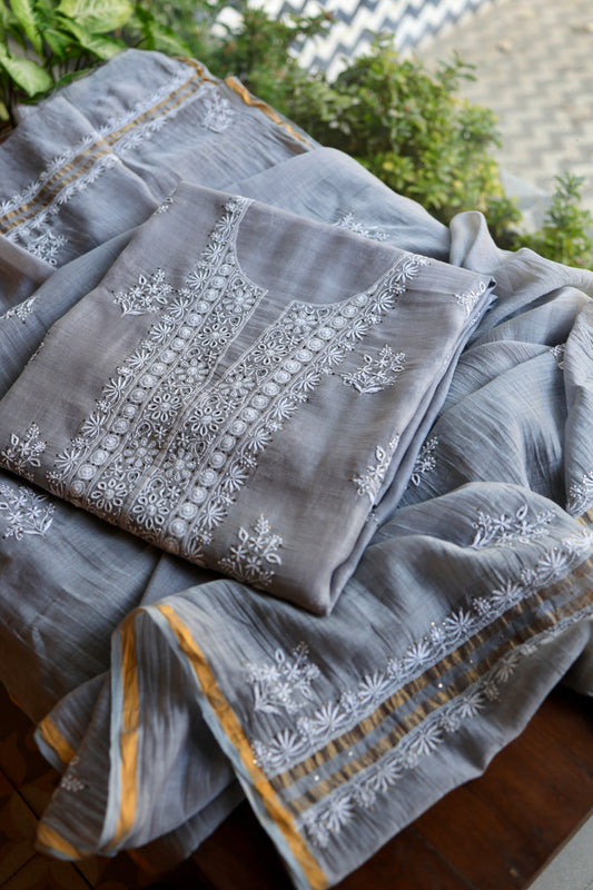 Cloudy Grey Shade Mal Cotton Fine Chikankari Unstitched Fabric