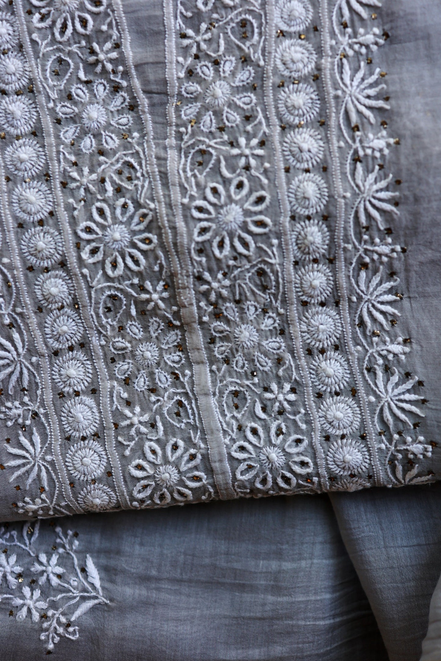Cloudy Grey Shade Mal Cotton Fine Chikankari Unstitched Fabric