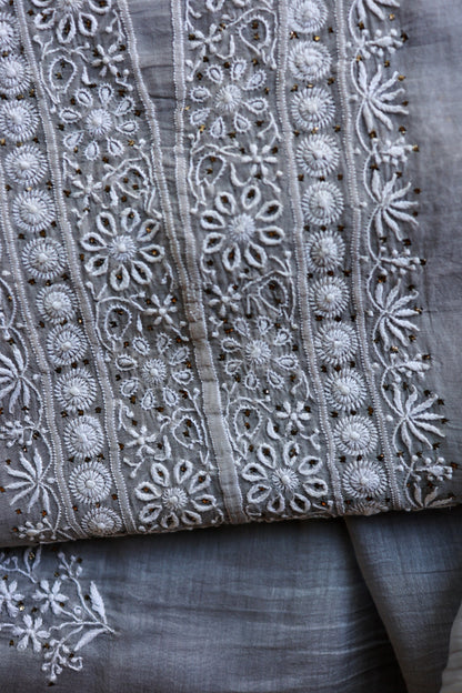 Cloudy Grey Shade Mal Cotton Fine Chikankari Unstitched Fabric