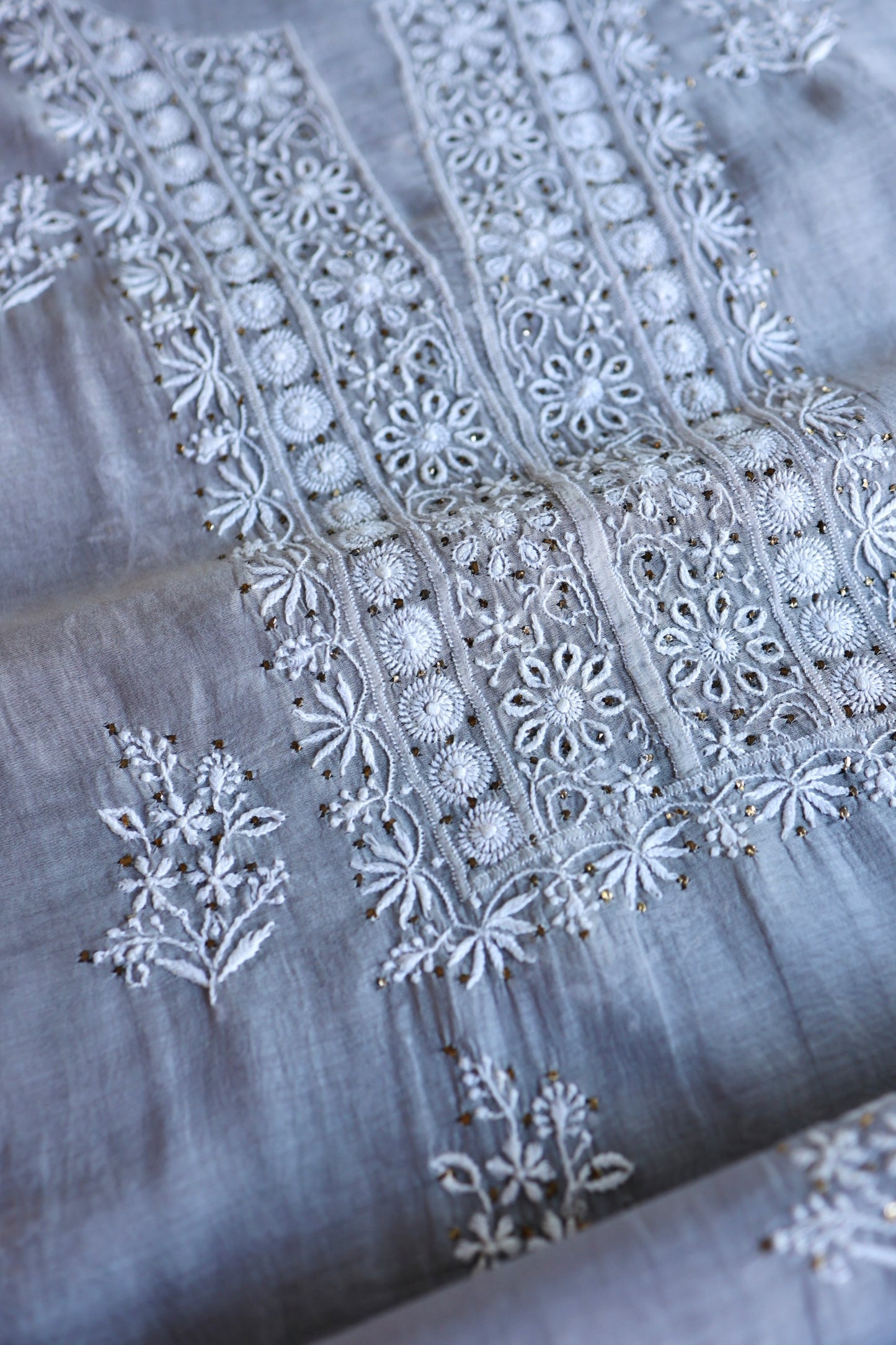 Cloudy Grey Shade Mal Cotton Fine Chikankari Unstitched Fabric