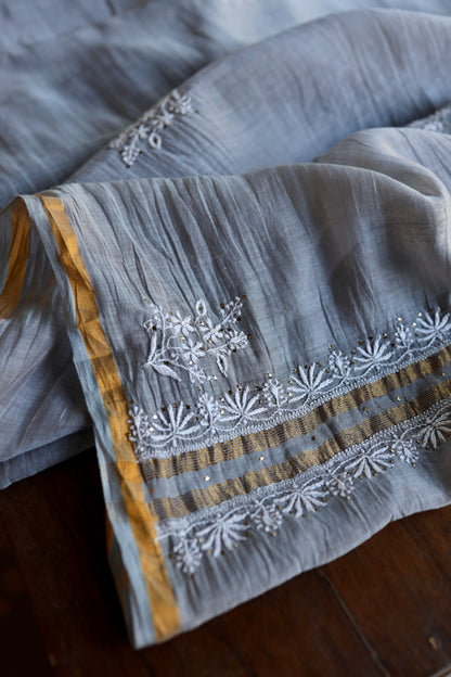 Cloudy Grey Shade Mal Cotton Fine Chikankari Unstitched Fabric