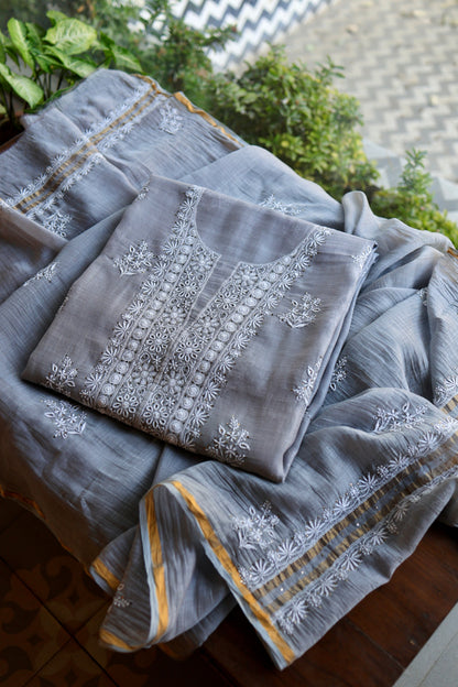 Cloudy Grey Shade Mal Cotton Fine Chikankari Unstitched Fabric