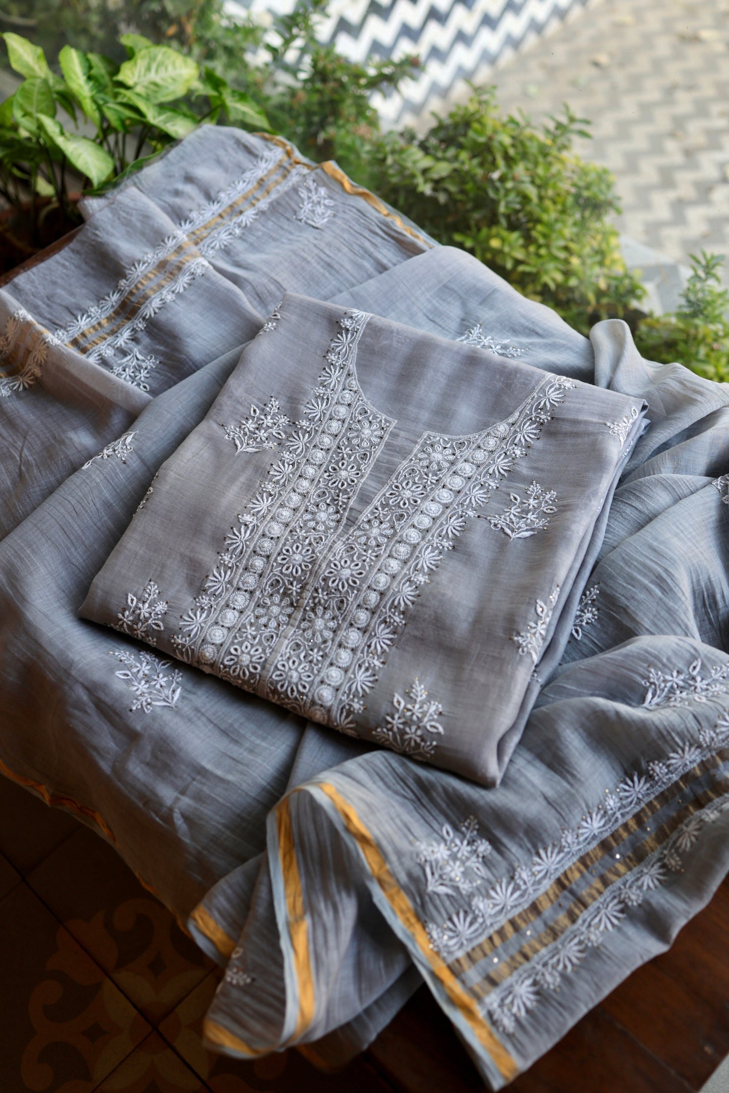 Cloudy Grey Shade Mal Cotton Fine Chikankari Unstitched Fabric