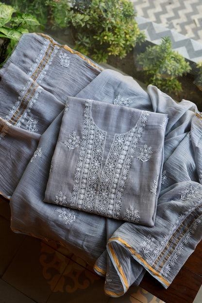Cloudy Grey Shade Mal Cotton Fine Chikankari Unstitched Fabric