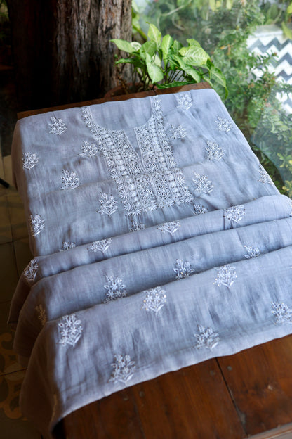 Cloudy Grey Shade Mal Cotton Fine Chikankari Unstitched Fabric