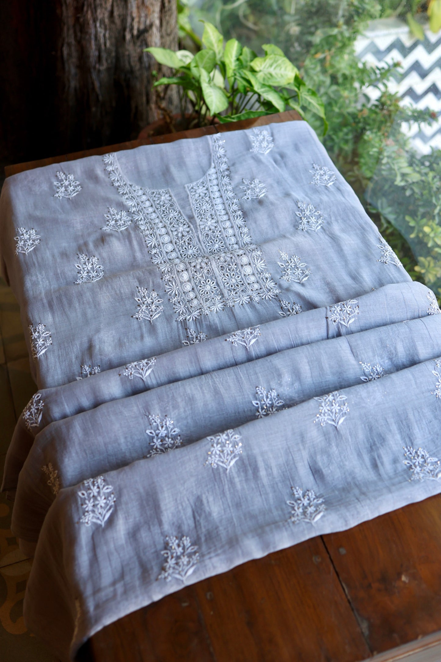 Cloudy Grey Shade Mal Cotton Fine Chikankari Unstitched Fabric