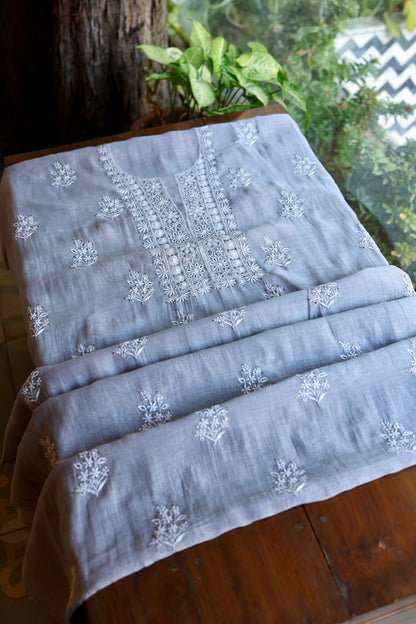 Cloudy Grey Shade Mal Cotton Fine Chikankari Unstitched Fabric