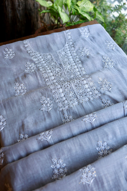 Cloudy Grey Shade Mal Cotton Fine Chikankari Unstitched Fabric