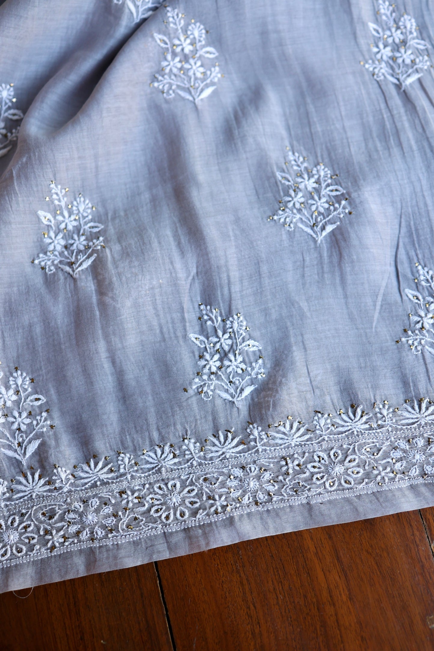 Cloudy Grey Shade Mal Cotton Fine Chikankari Unstitched Fabric