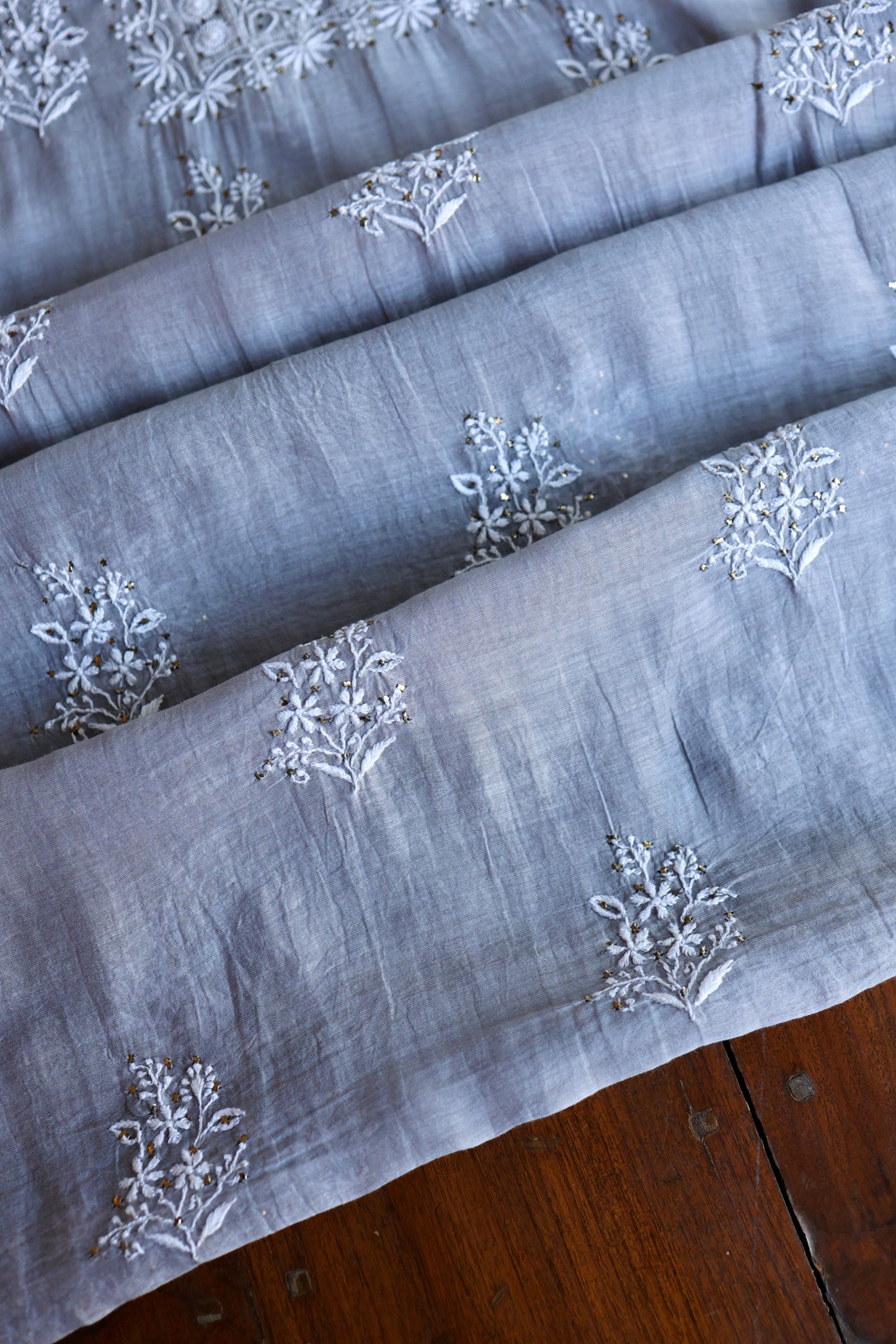 Cloudy Grey Shade Mal Cotton Fine Chikankari Unstitched Fabric