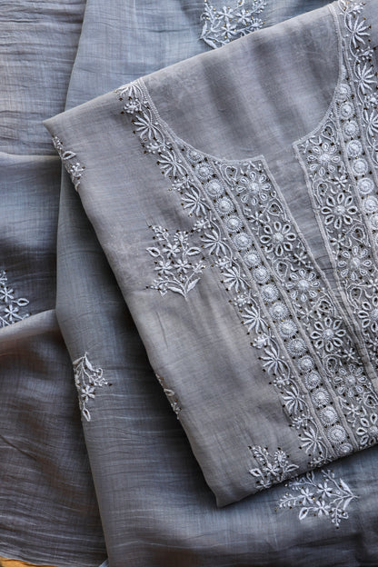 Cloudy Grey Shade Mal Cotton Fine Chikankari Unstitched Fabric