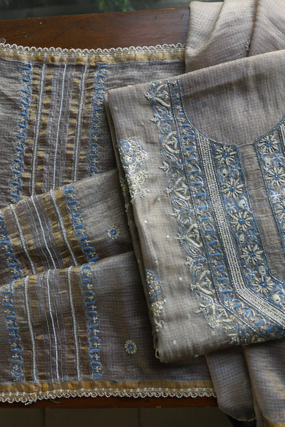 Cloudy Grey Shade Tissue Silk Kota Chikankari Unstitched Fabric