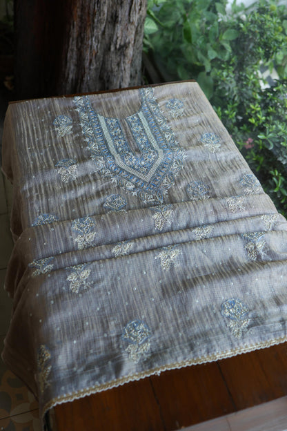 Cloudy Grey Shade Tissue Silk Kota Chikankari Unstitched Fabric
